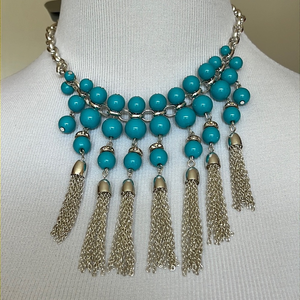 Turquoise Stone Necklace with silver tone tassles